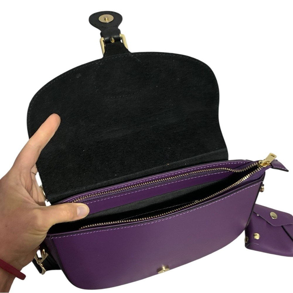 STELLA BIANCA Purple/Black Genuine Leather Flap Crossbody Shoulder Bag Italy - Picture 8 of 10